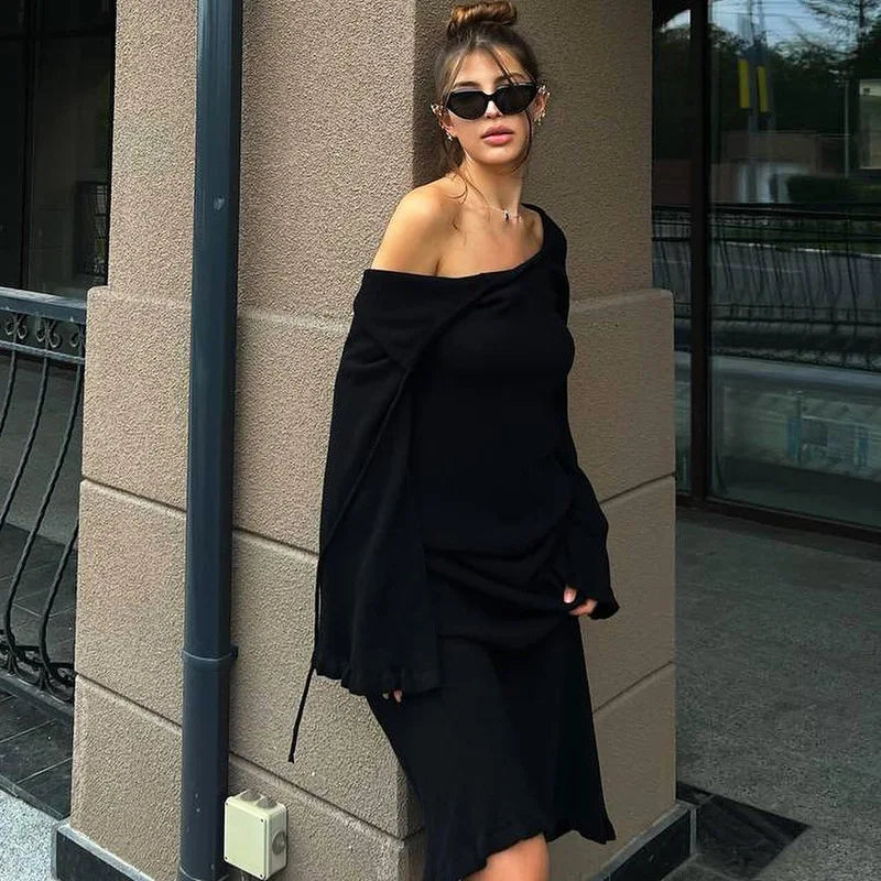 Flare Sleeve Open Back Lace Up Knitwear Long Dress Mssaz Desses