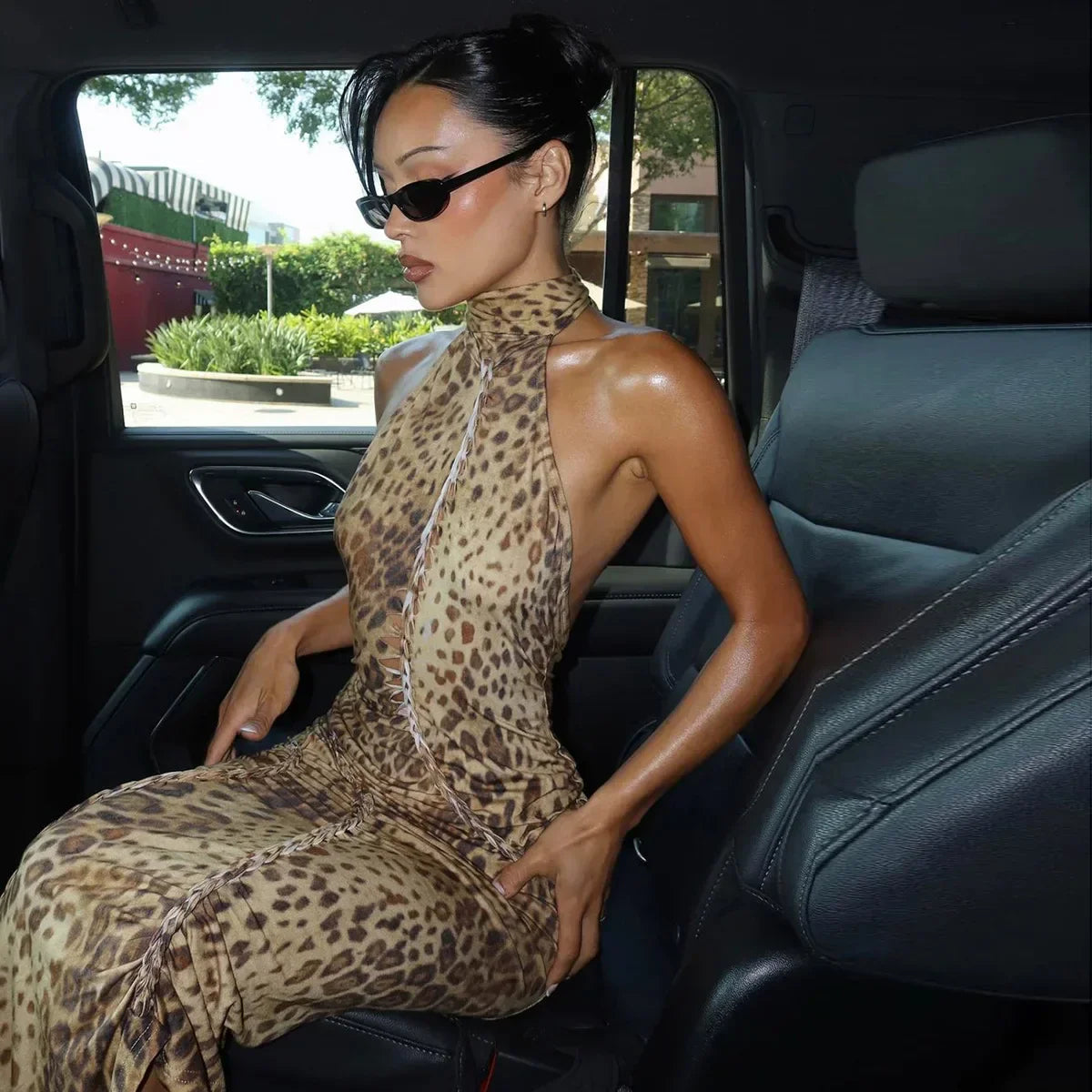 Halter Leopard Embellished Long Dress Mssaz Desses