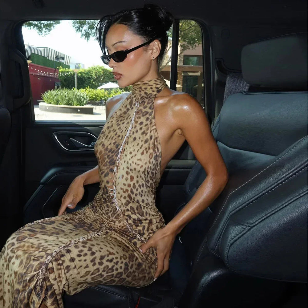 Halter Leopard Embellished Long Dress Mssaz Desses