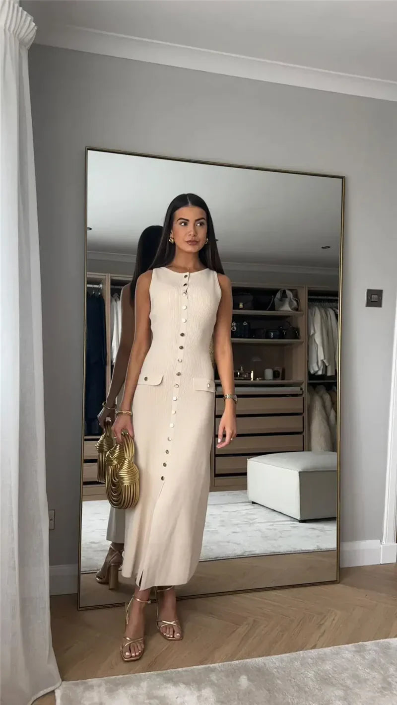 Knit Maxi Dress with Pockets Button-Front Mssaz Desses