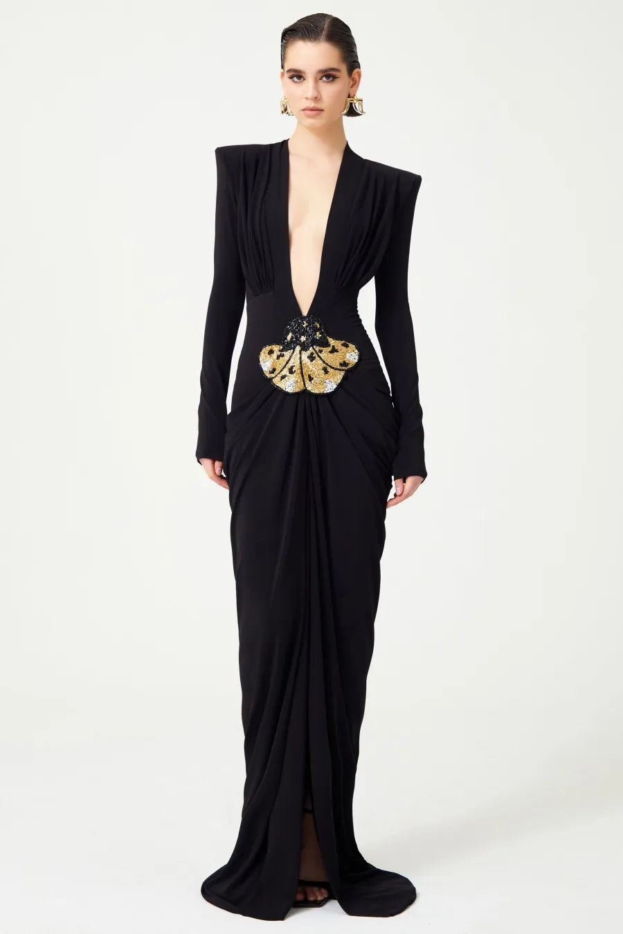 Deep V Neck Long Sleeves Black Maxi Dress Party Gown Mssaz Desses