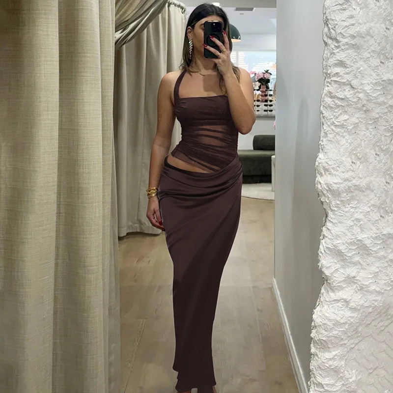 Mesh Patchwork Backless Halter Bodycon Gown Mssaz Desses