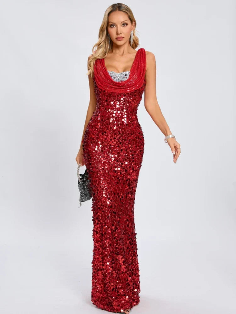 Swinging Neck Sequins Red Long Dress Mssaz Desses