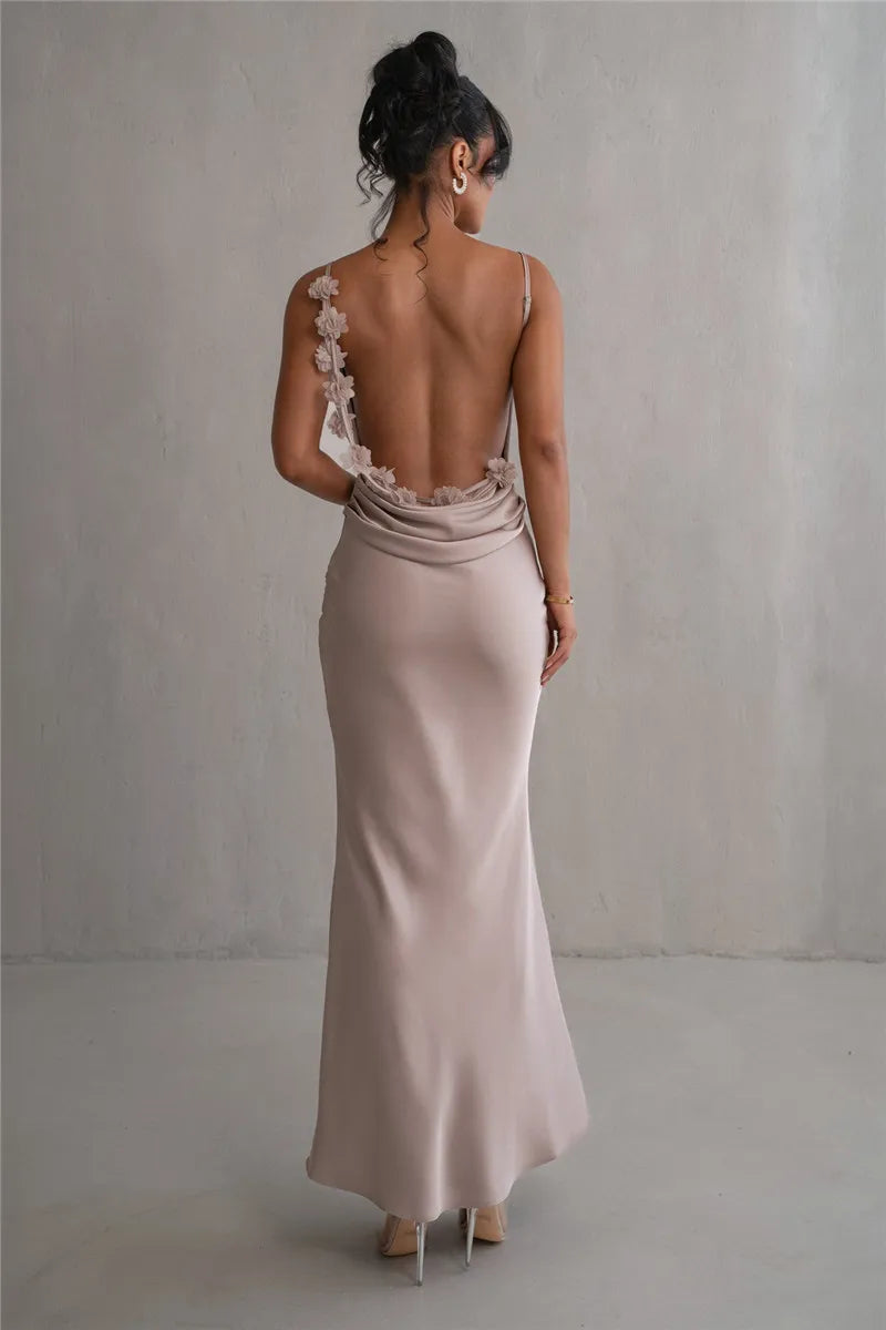 3D Flower Draped Open Back Maxi Dress Mssaz Desses