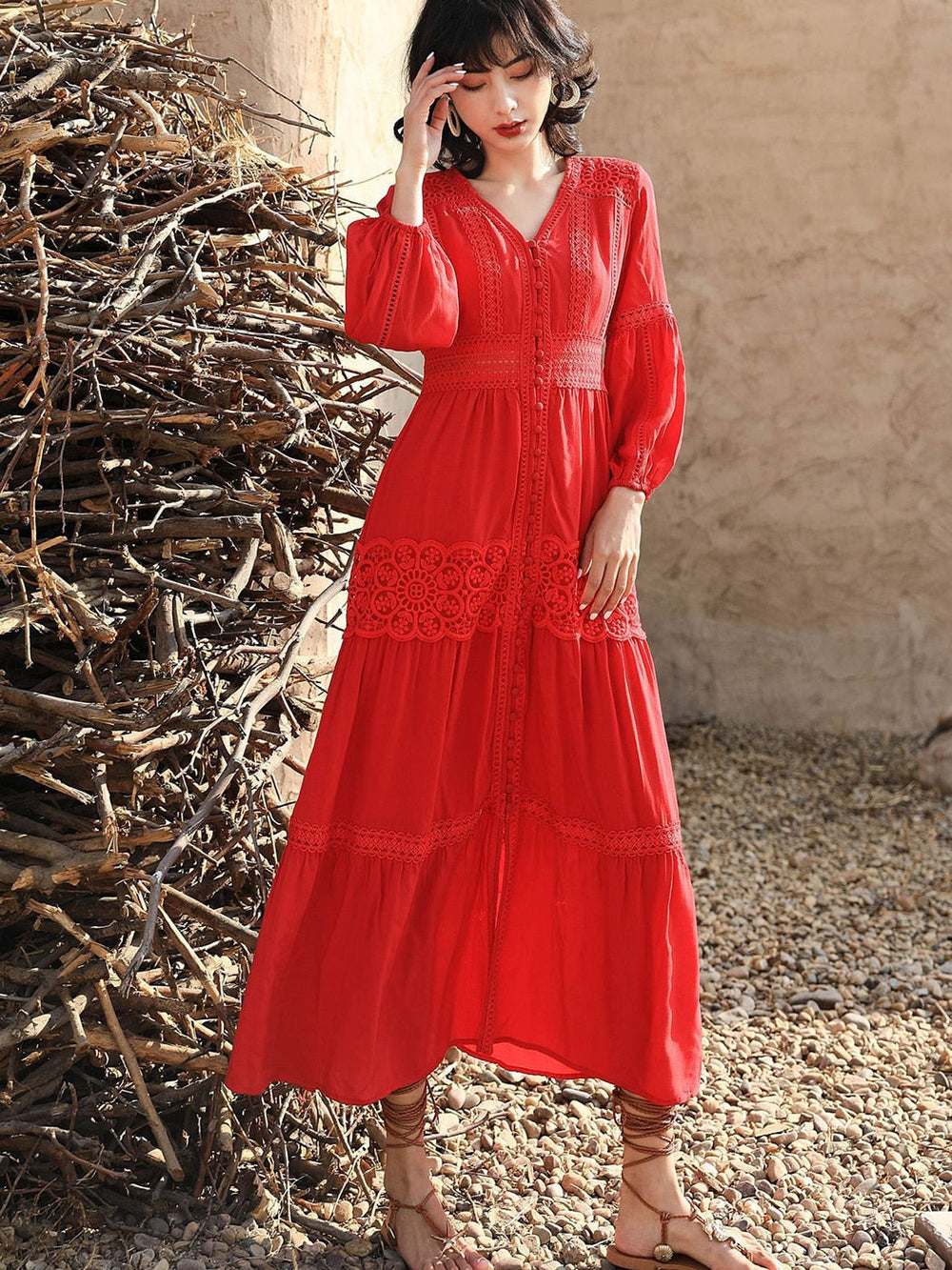Cotton Patchwork Lace Dresses V-Neck Lantern Sleeve Maxi Dress Mssaz Desses