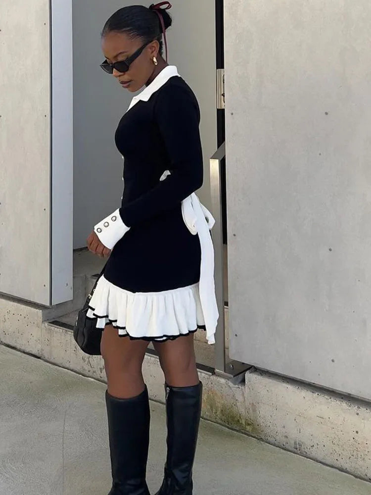 Ruffled Contrast Bow Open Back Lace-Up Knit Mini Dress Mssaz Desses