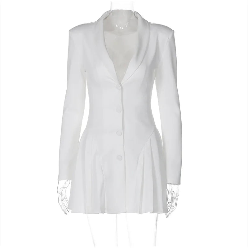 Plunging Neckline Pleated & Buttoned Blazer Dress Mssaz Desses