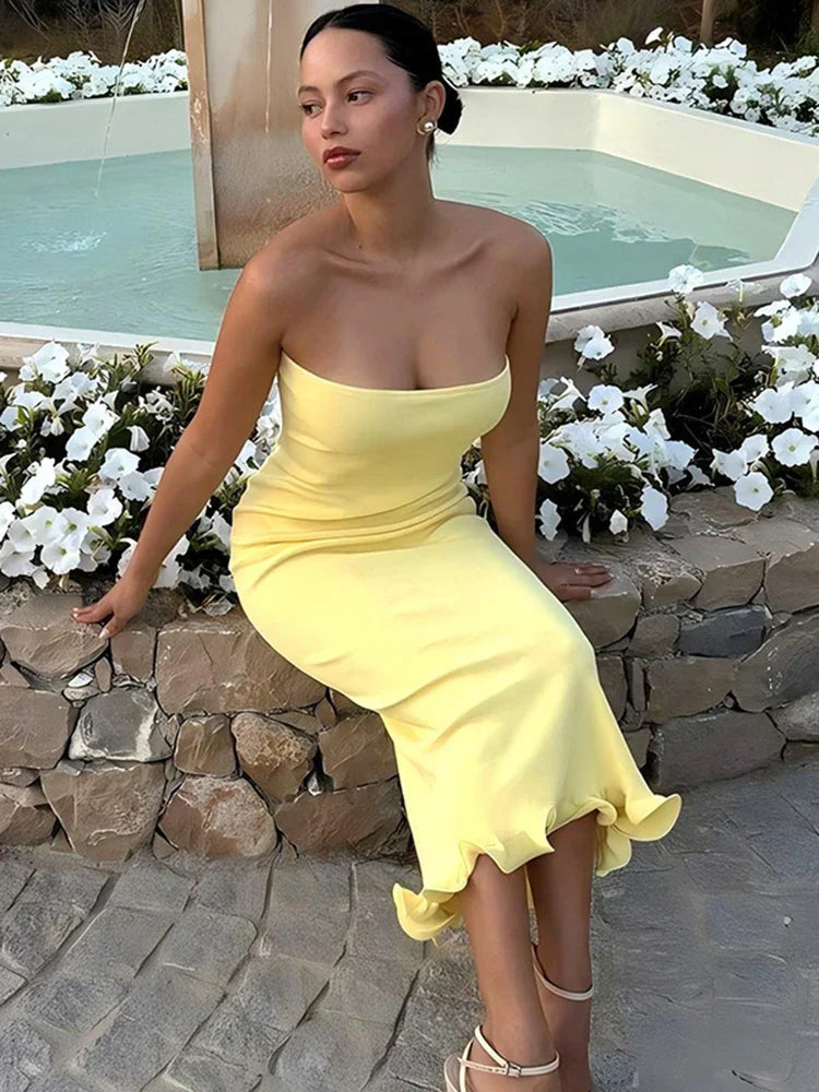 Frill Trim Tube Midi Dress Mssaz Desses
