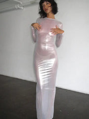 O-neck Full Sleeve Solid Color Mesh Dress Mssaz Desses