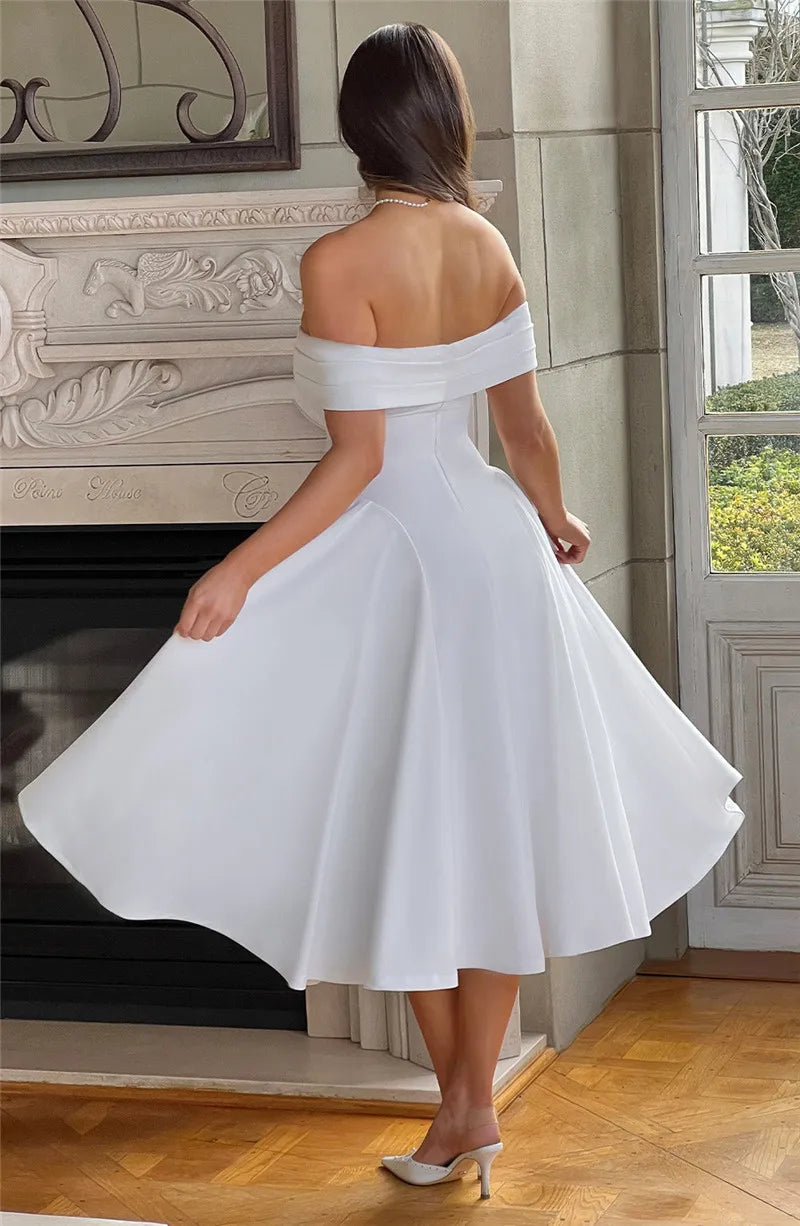 Off-Shoulder Flare Midi Dress Mssaz Desses