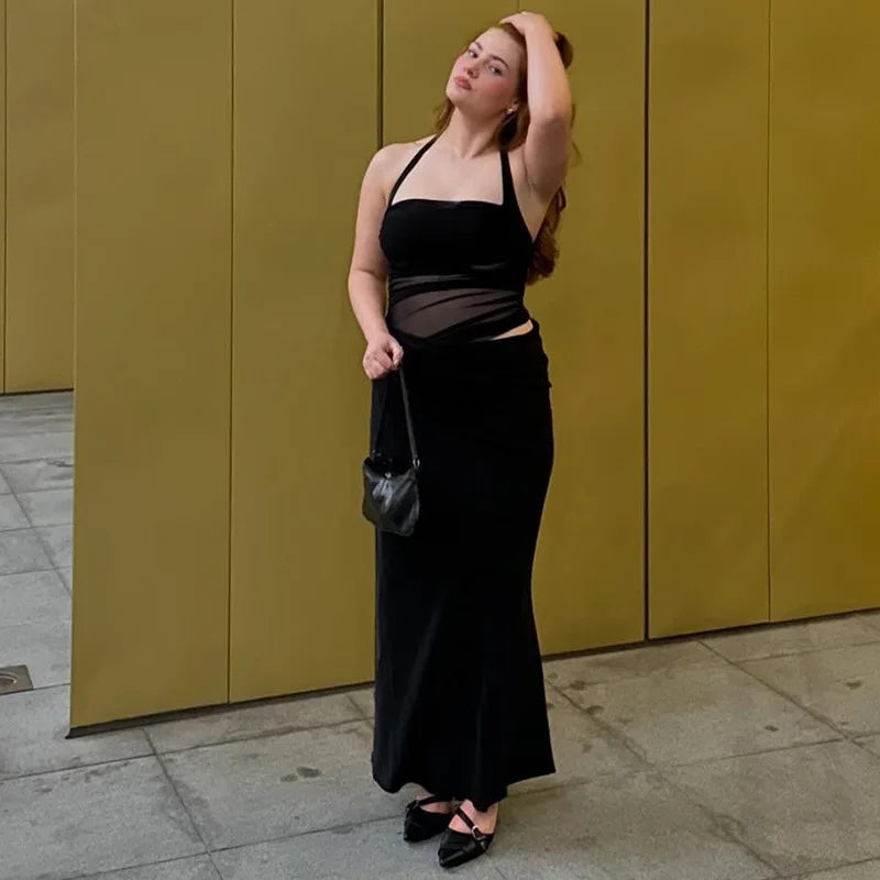 Mesh Patchwork Backless Halter Bodycon Gown Mssaz Desses