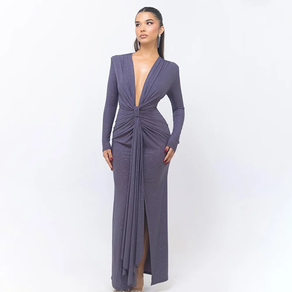 Elastic Deep V-Fold Lace Maxi Dress Mssaz Desses