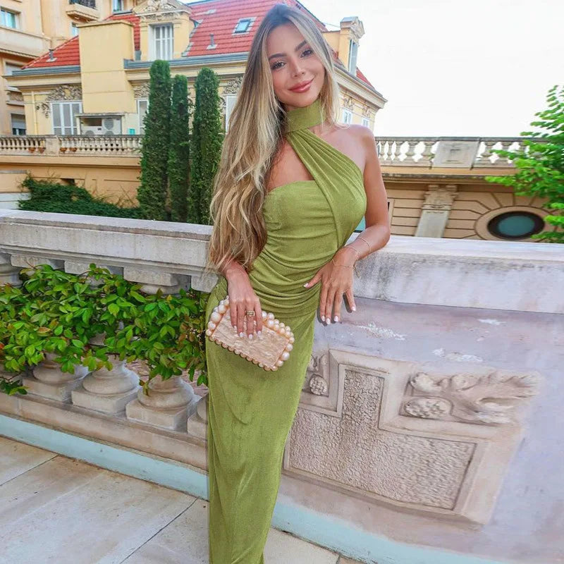 Halter Green Off-shoulder Backless Long Dress Mssaz Desses