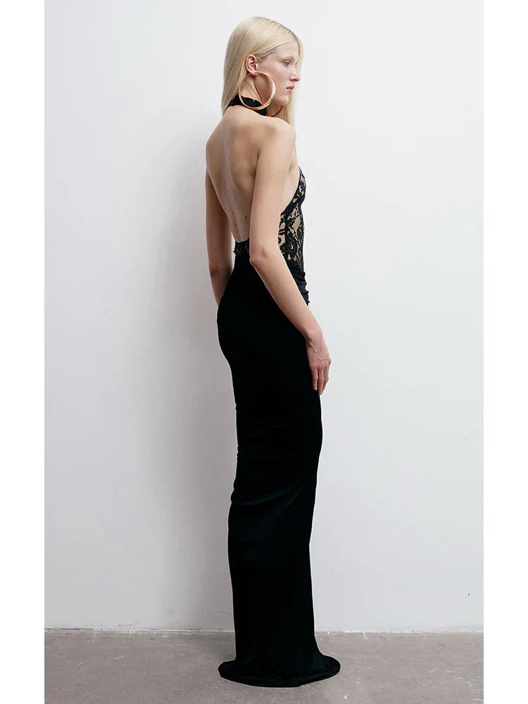 Halter Neck Lace Patchwork Black Maxi Dress Mssaz Desses