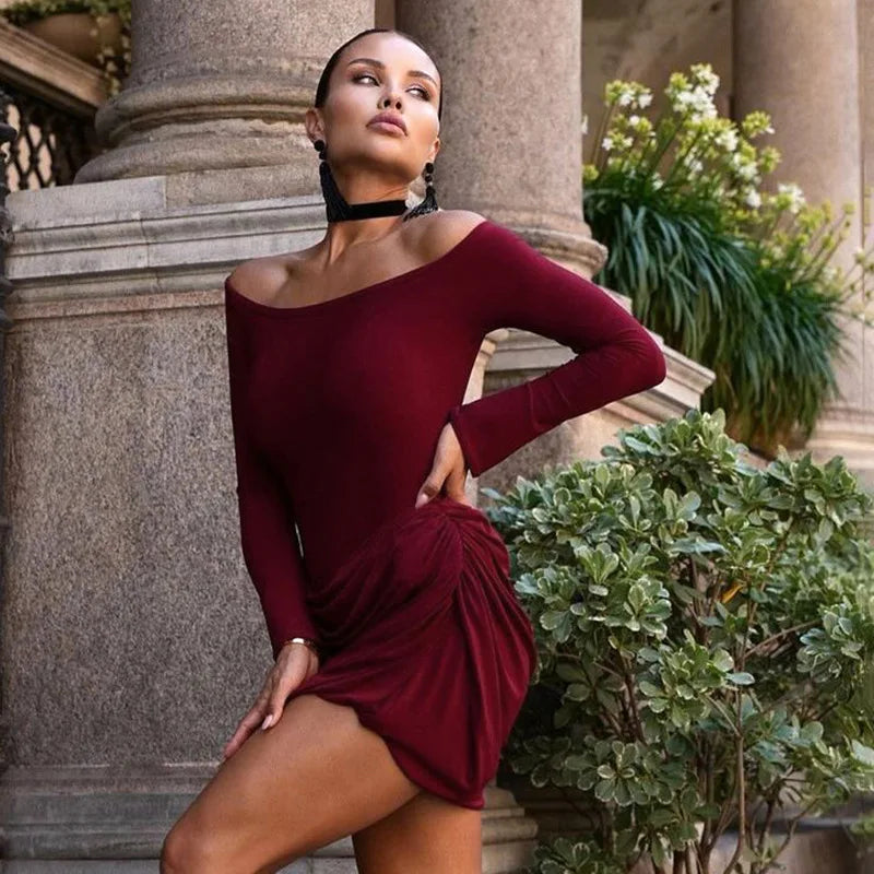 Pleated Off-Shoulder Long Sleeve Mini Dress Mssaz Desses