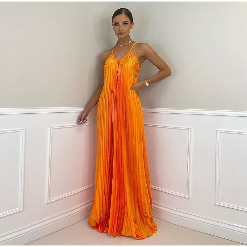 Pleated Long Halter Sleeveless Sling Banquet Dress Mssaz Desses