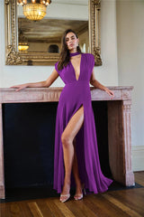 Deep V Purple Maxi Dress High Slit Mssaz Desses