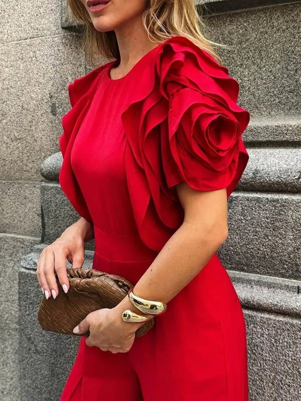 Elegant Office Lady Short Sleeves Wide Leg Full Length Jumpsuit Mssza
