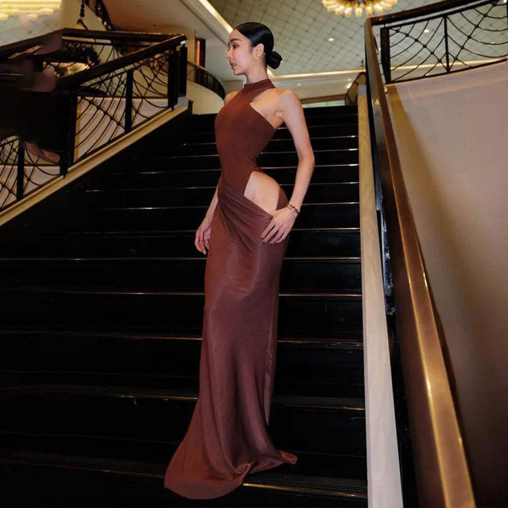Satin Sleeveless High Neck Dress Mssaz Desses