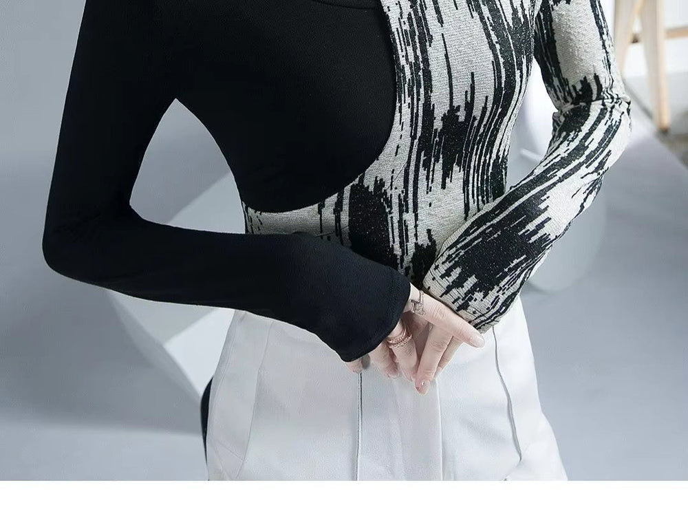 Turtleneck Long Sleeve High Street Printing Hollow Out Pullovers Elegant Slim Chic Top Mssza