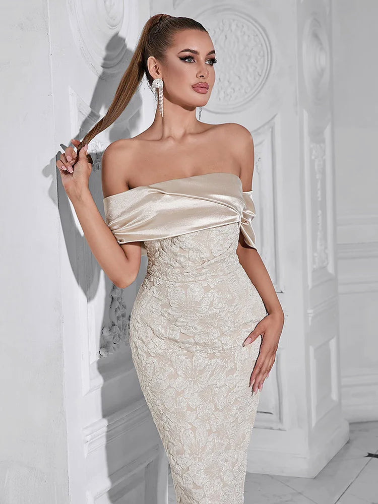 Slash Neck Embossed Flower Beige Dress Mssaz Desses