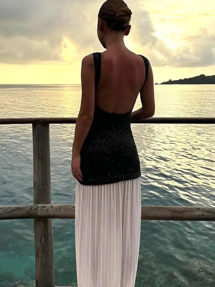 Sequined Patchwork Backless Long Dress Mssaz Desses