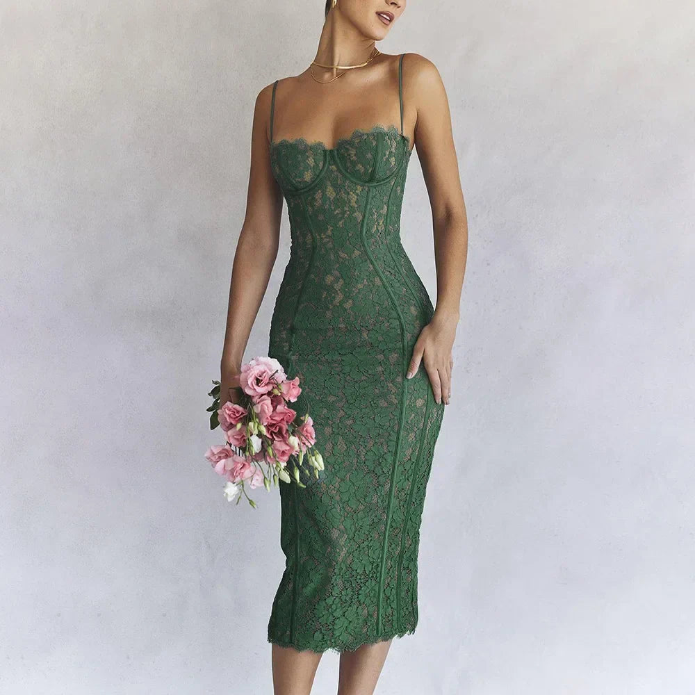 Spaghetti Strap Midi Green Dress Mssaz Desses