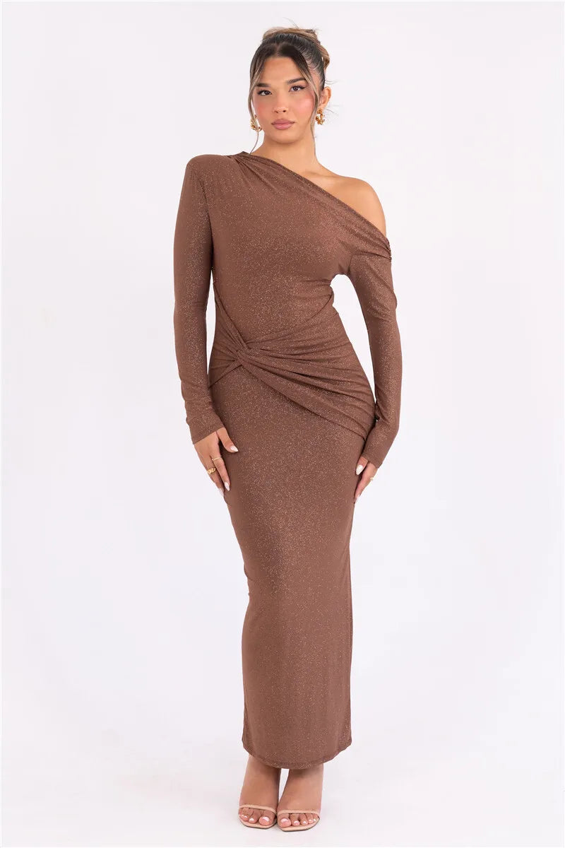 Long Sleeve Inclined Shoulder Maxi Dress Mssaz Desses
