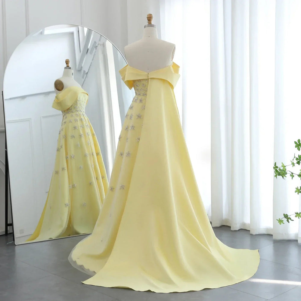 Yellow Satin Evening Gown with Cape Mssaz Desses