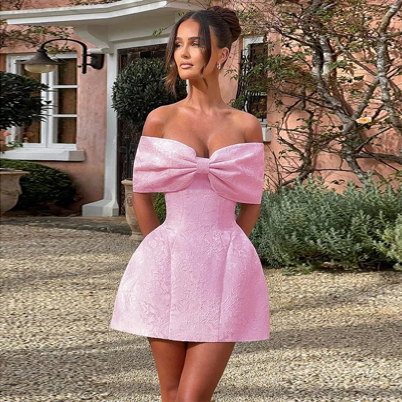 Bow Off Shoulder Backless A-line Jacquard Party Dress Mssaz Desses