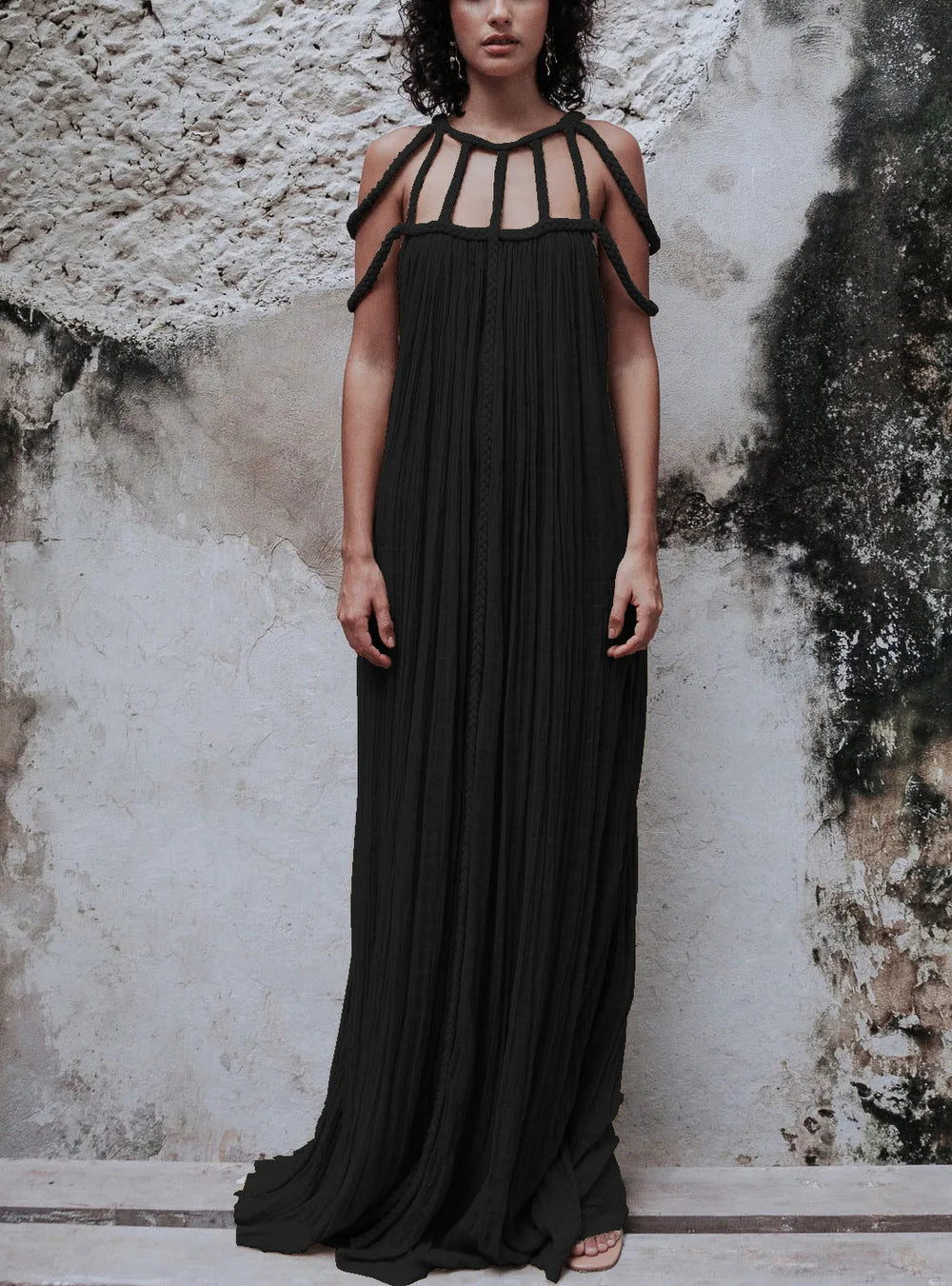 Solid Split Pleated Bandage Long Dress Mssaz Desses
