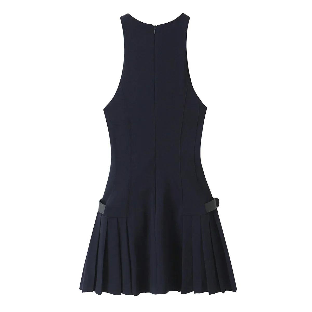Solid Sleeveless Back Zipper Belt Pleated Dress Mssaz Desses