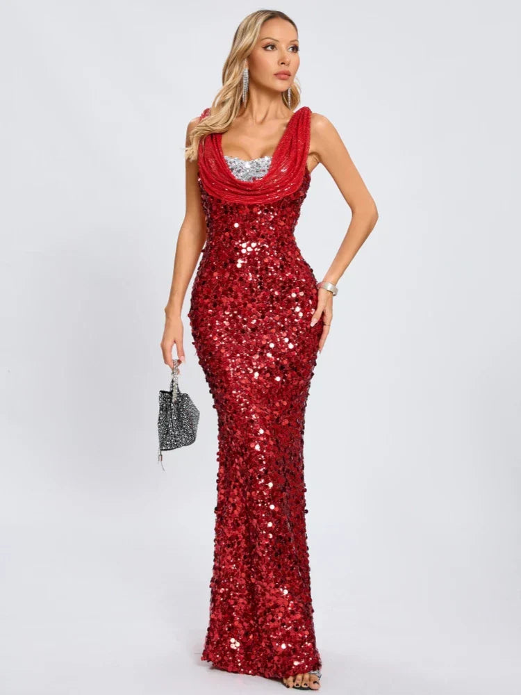 Swinging Neck Sequins Red Long Dress Mssaz Desses
