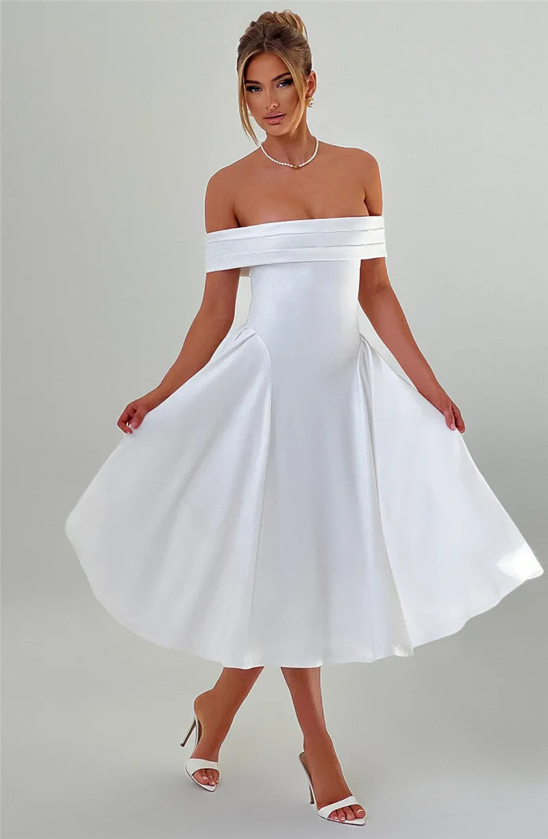 Off-Shoulder Flare Midi Dress Mssaz Desses