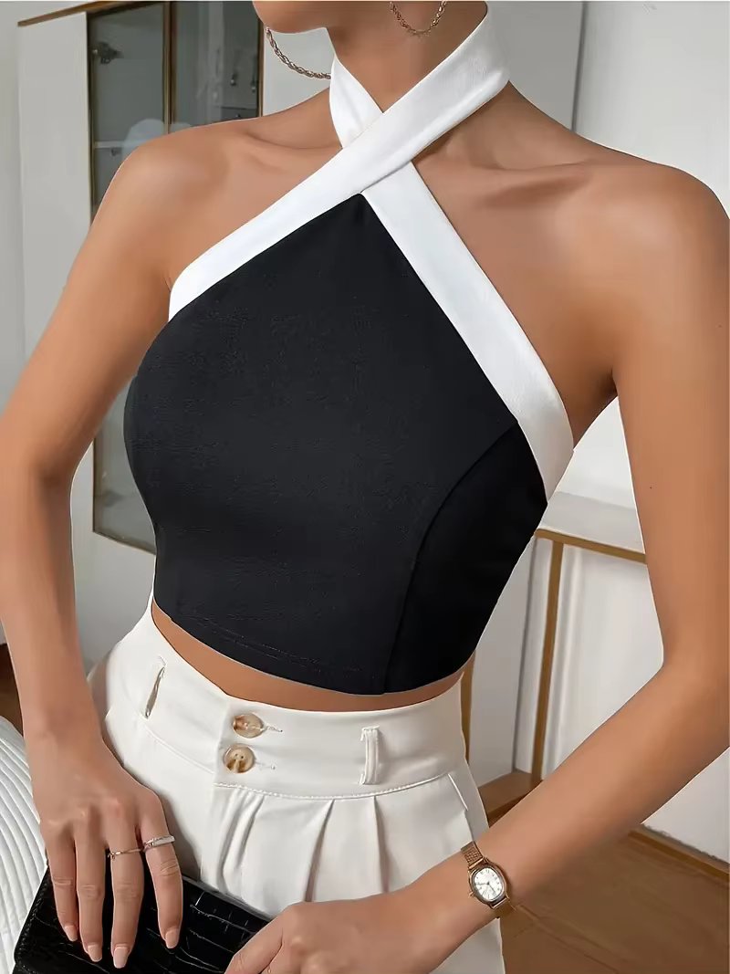 Contrast Trim Halter Neck Casual Backless Sleeveless Tank Top Mssza