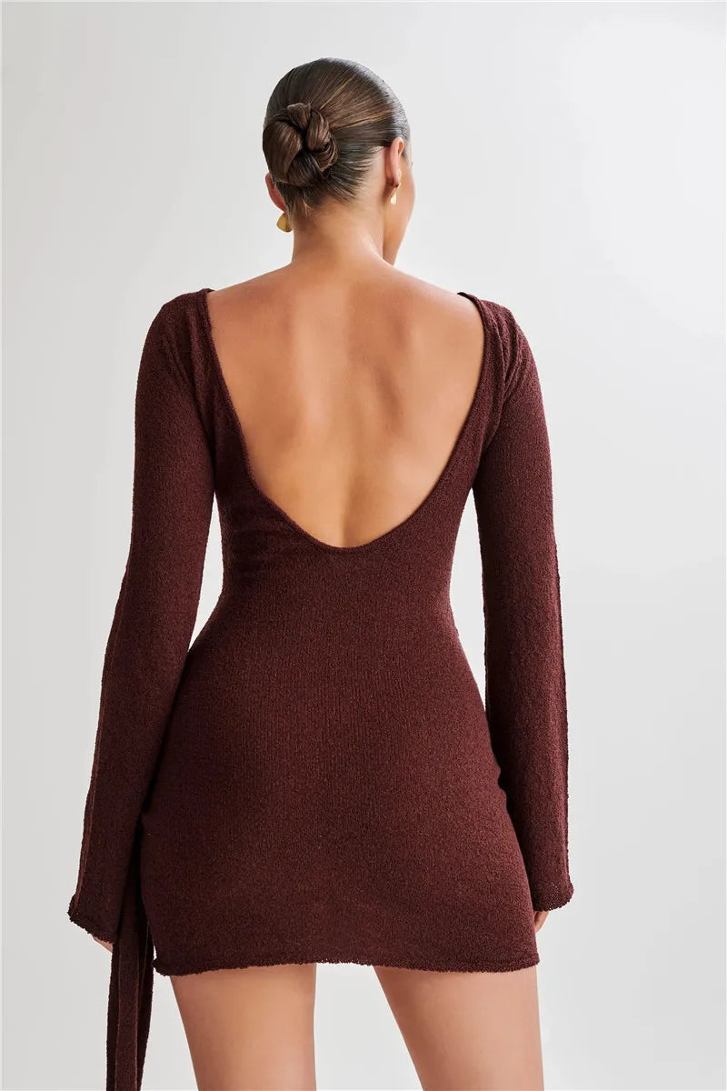 Floral Draped Open Back Knit Long Sleeve Mini Dress Mssaz Desses