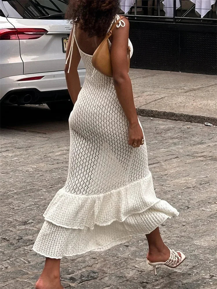 Crochet Maxi Dress with Ruffle Trim Mssaz Desses