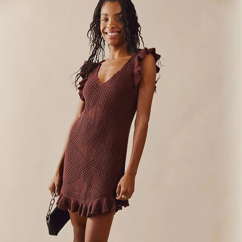 Ruffled Crochet Hollow Out Knit Beach Mini Dress Mssaz Desses