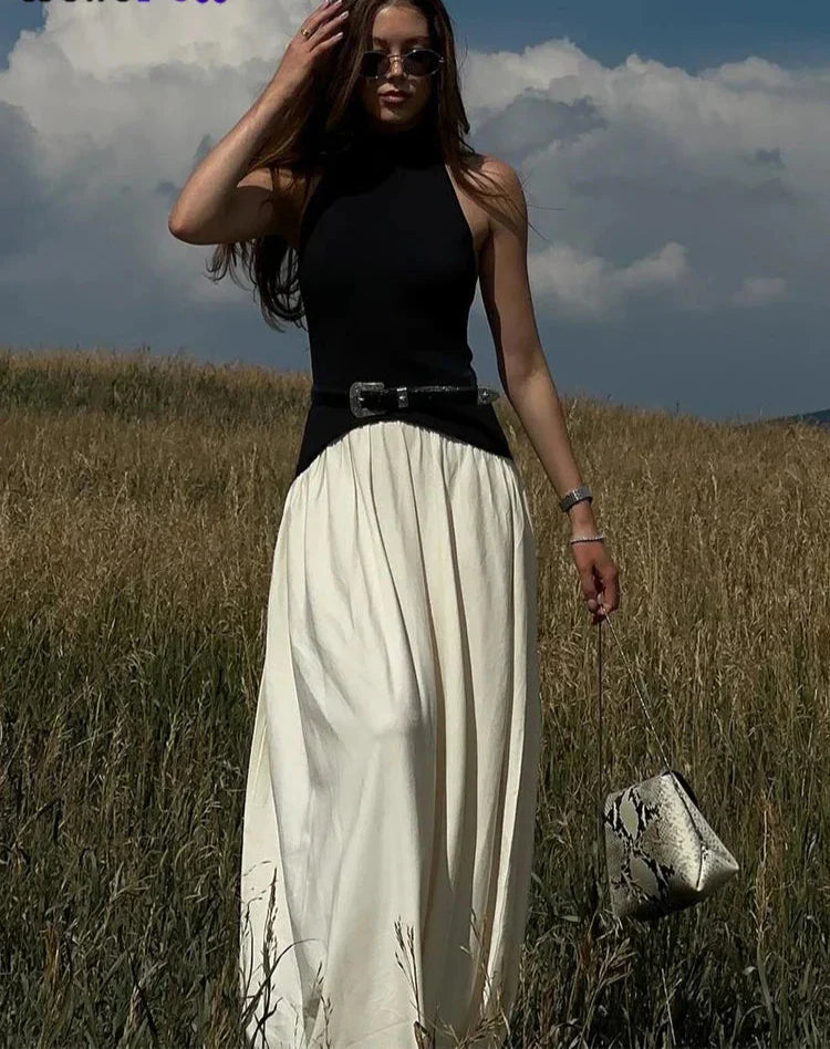Contrast Patchwork Halter Backless Long Bodycon Dress Mssaz Desses