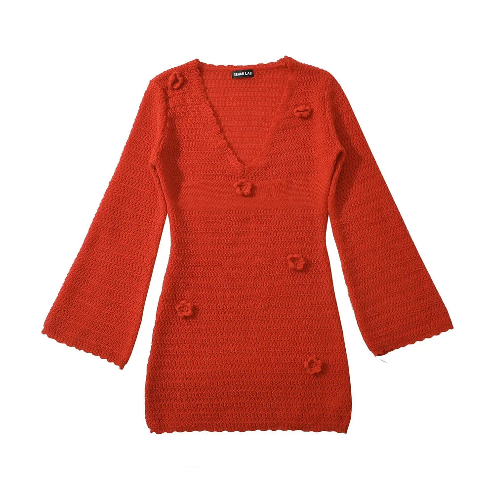 3D Flower Hand Crotch Full Flare Sleeve Sweater Dress Mssaz Desses