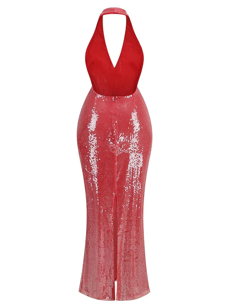 Halter Sheer Sequins Long Dress Mssaz Desses