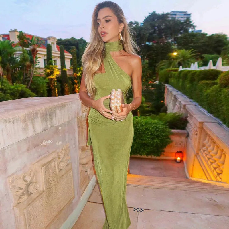 Halter Green Off-shoulder Backless Long Dress Mssaz Desses