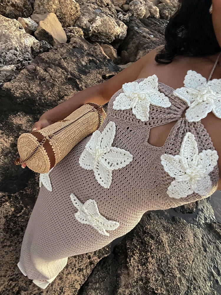 Knit Crochet Flower Applique Halter Maxi Dress Mssaz Desses