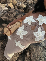 Knit Crochet Flower Applique Halter Maxi Dress Mssaz Desses