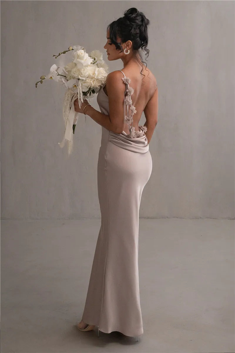 3D Flower Draped Open Back Maxi Dress Mssaz Desses