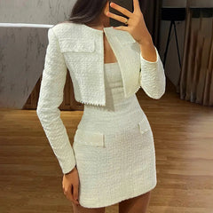 Pearl Long Sleeve Coat And Mini Strapless Dress Sets Mssaz Desses