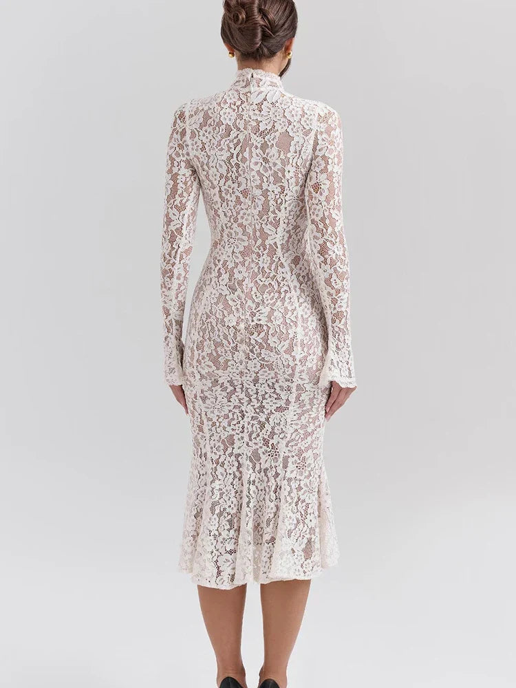 Lace White Long Sleeve Turtleneck Dress Mssaz Desses