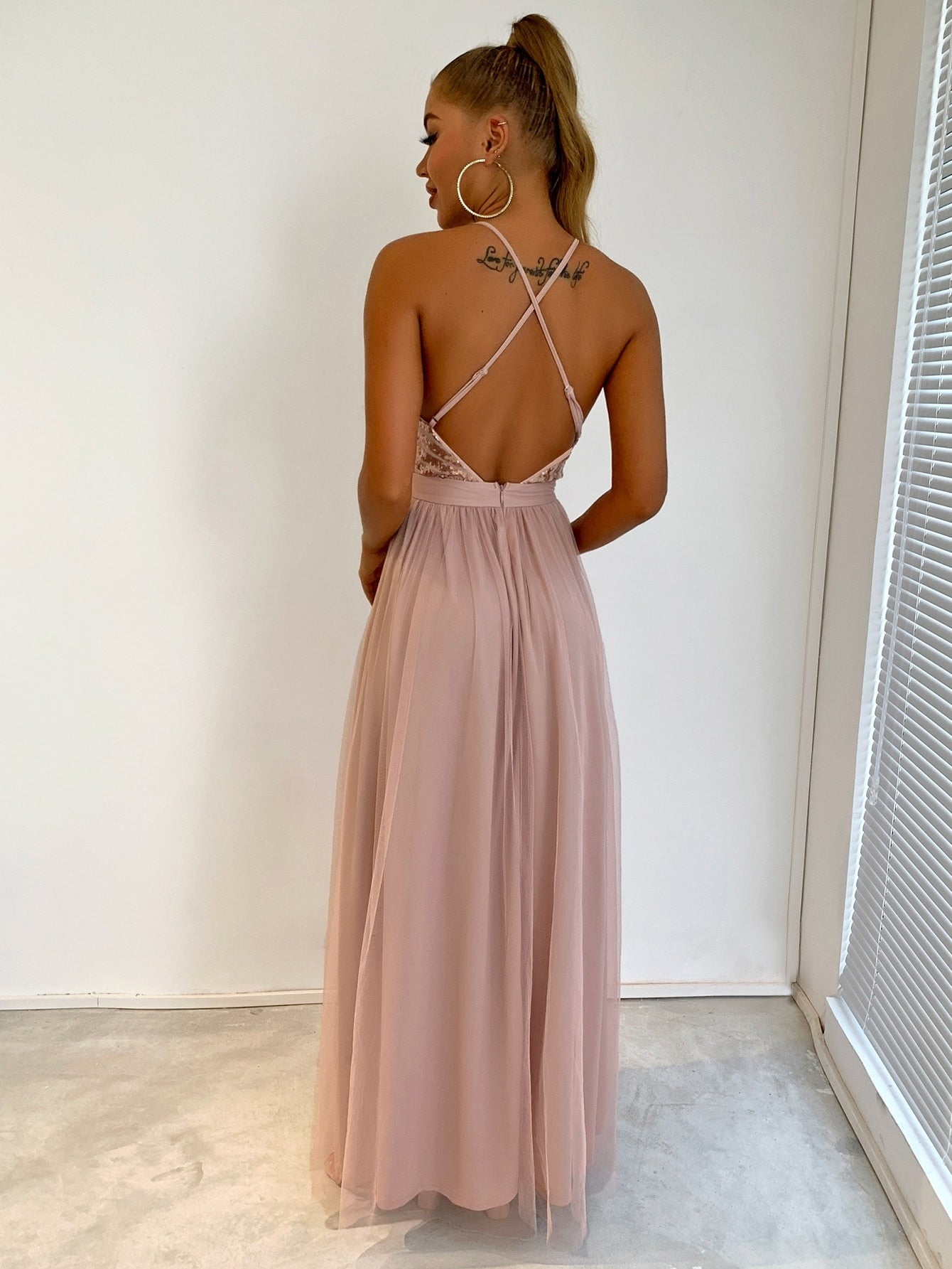 Elegant Sequins Mesh Stitching Long Party Dress Mssaz Desses