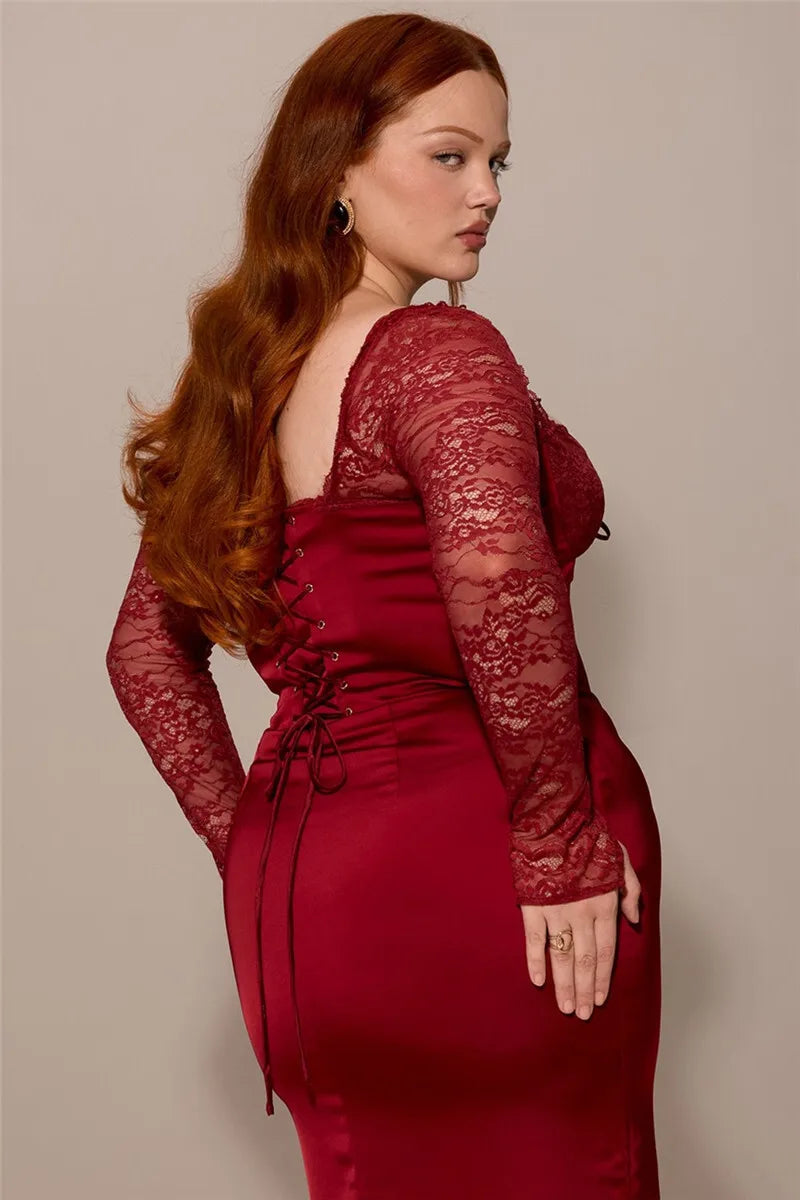 Square Collar Lace-Up Backless Long Sleeve Maxi Dress Mssaz Desses