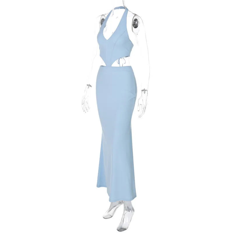 Halter Backless Blue Lace-up Maxi Dress Mssaz Desses